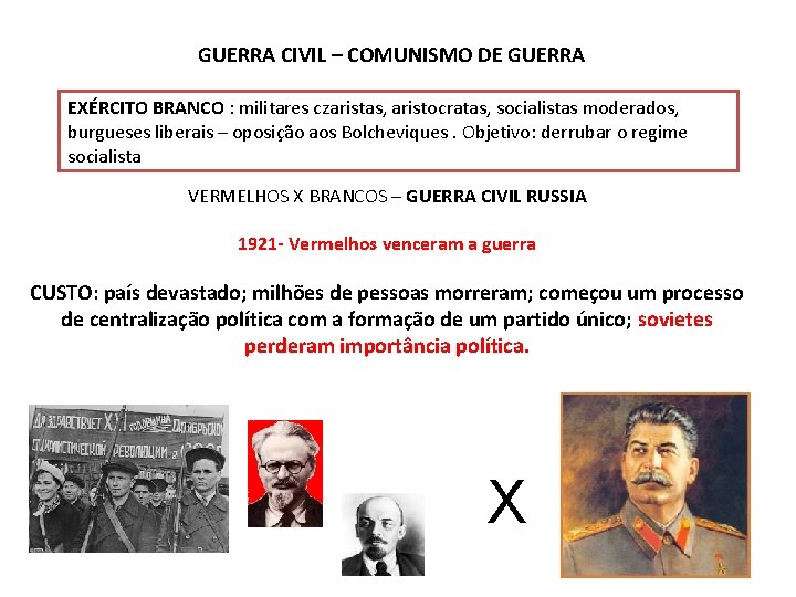 GUERRA CIVIL – COMUNISMO DE GUERRA EXÉRCITO BRANCO : militares czaristas, aristocratas, socialistas moderados,