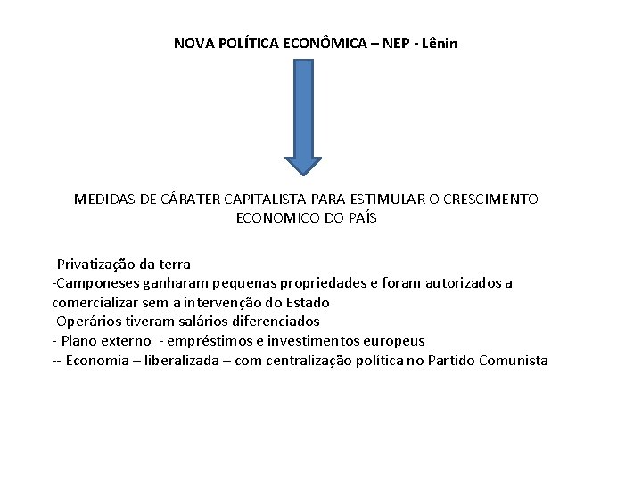 NOVA POLÍTICA ECONÔMICA – NEP - Lênin MEDIDAS DE CÁRATER CAPITALISTA PARA ESTIMULAR O