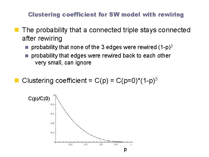 Clustering coefficient for SW model with rewiring n The probability that a connected triple