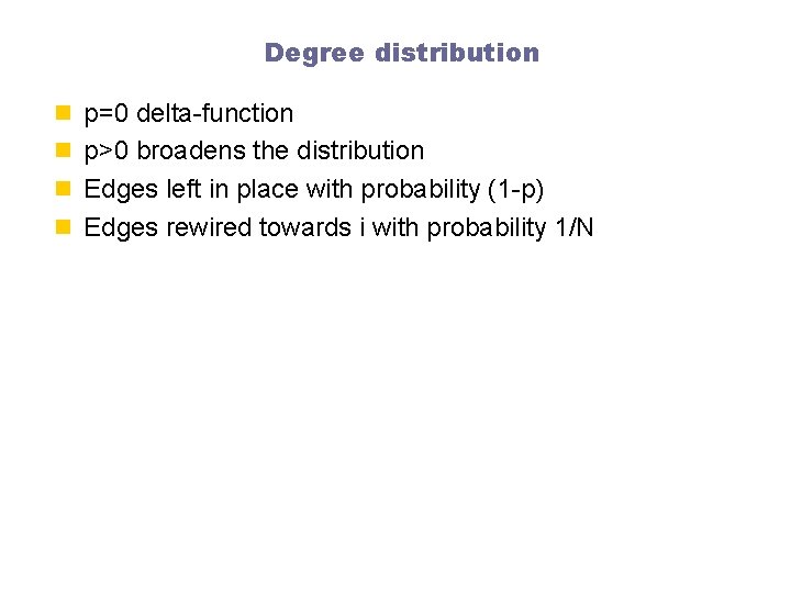 Degree distribution n p=0 delta-function n p>0 broadens the distribution n Edges left in