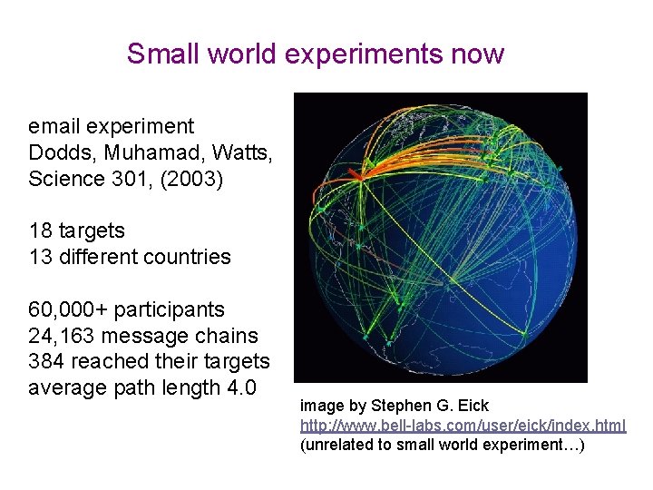 Small world experiments now email experiment Dodds, Muhamad, Watts, Science 301, (2003) 18 targets