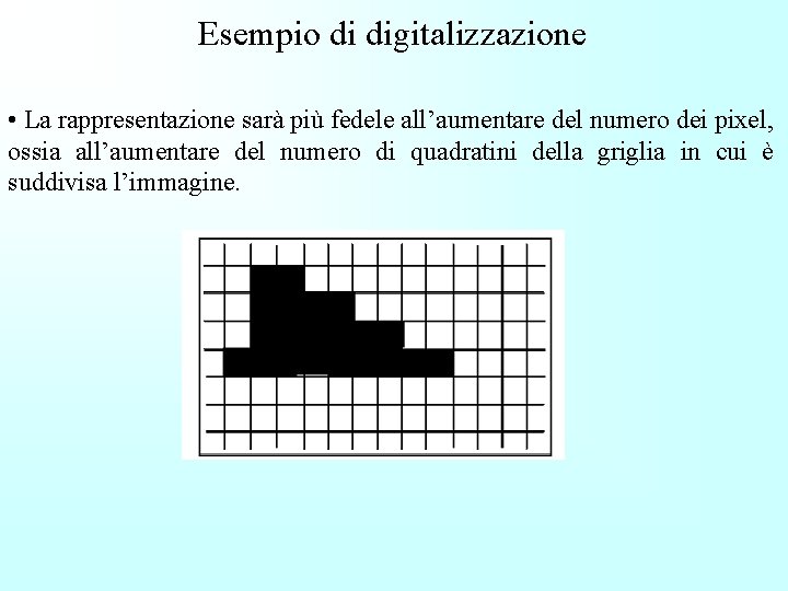 Esempio di digitalizzazione • La rappresentazione sarà più fedele all’aumentare del numero dei pixel,