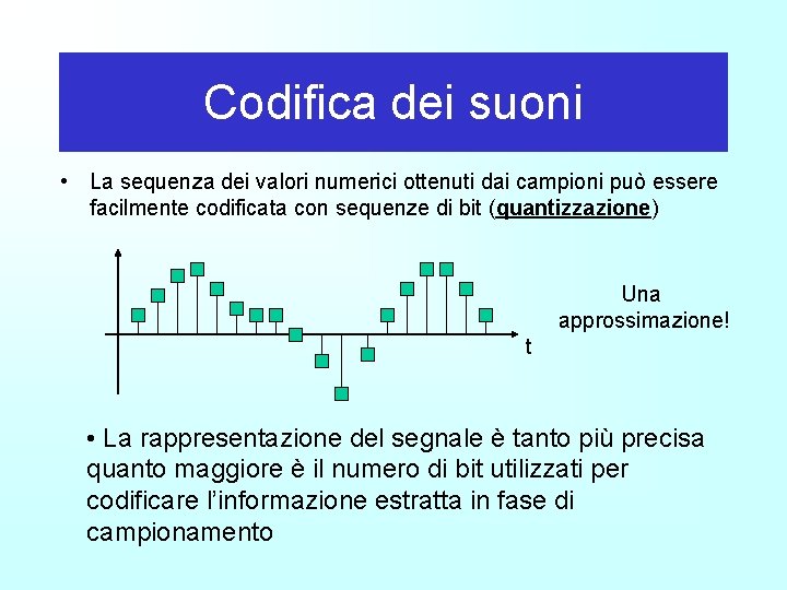 Codifica dei suoni • La sequenza dei valori numerici ottenuti dai campioni può essere