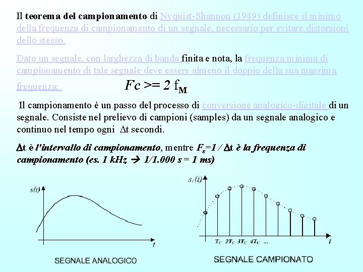 Il teorema del campionamento di Nyquist-Shannon (1949) definisce il minimo della frequenza di campionamento