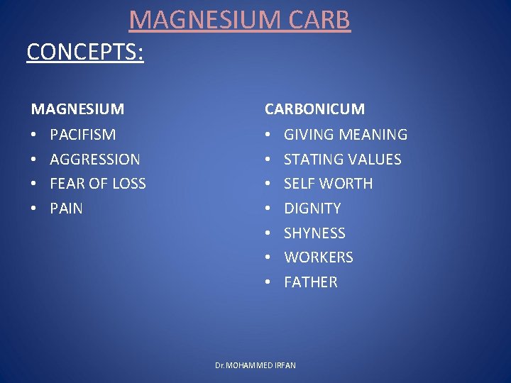 MAGNESIUM CARB CONCEPTS: MAGNESIUM • • PACIFISM AGGRESSION FEAR OF LOSS PAIN CARBONICUM •