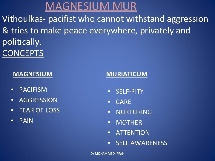 MAGNESIUM MUR Vithoulkas- pacifist who cannot withstand aggression & tries to make peace everywhere,