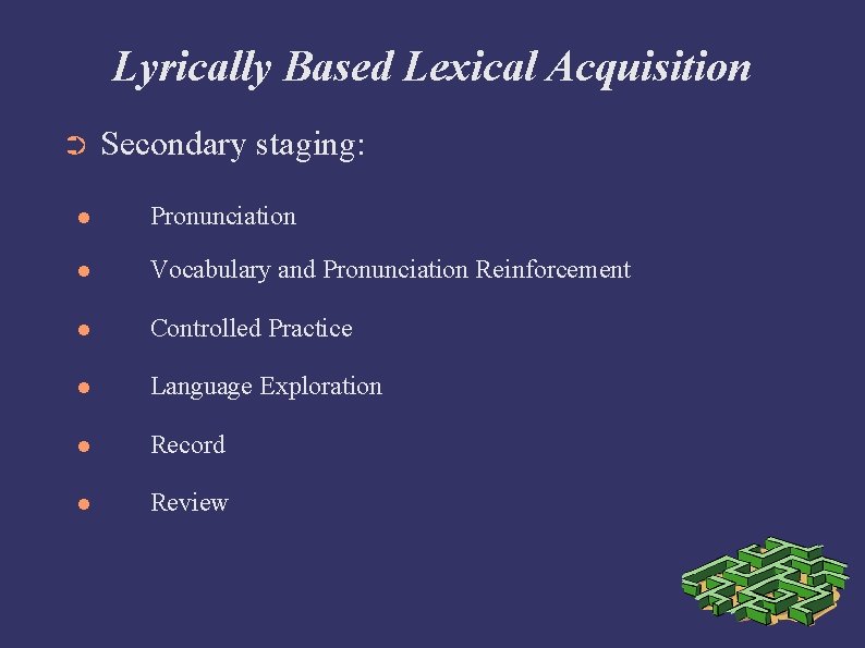 Lyrically Based Lexical Acquisition ➲ Secondary staging: Pronunciation Vocabulary and Pronunciation Reinforcement Controlled Practice