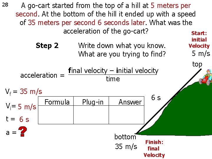 28 A go-cart started from the top of a hill at 5 meters per