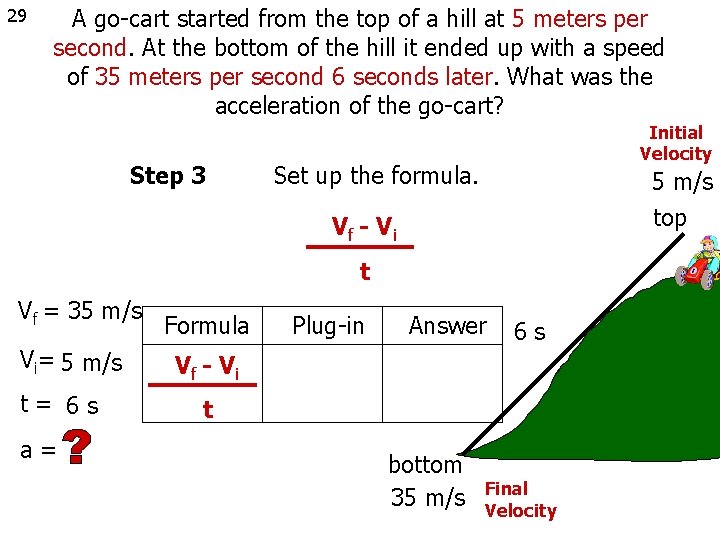 29 A go-cart started from the top of a hill at 5 meters per