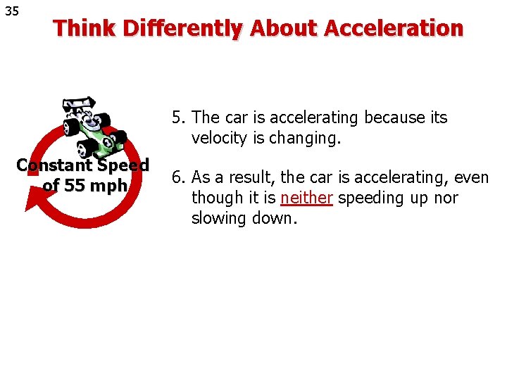 35 Think Differently About Acceleration 5. The car is accelerating because its velocity is