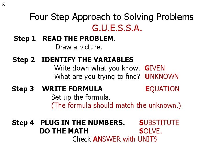 5 Four Step Approach to Solving Problems G. U. E. S. S. A. Step