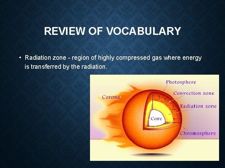 REVIEW OF VOCABULARY • Radiation zone - region of highly compressed gas where energy REVIEW OF VOCABULARY • Radiation zone - region of highly compressed gas where energy