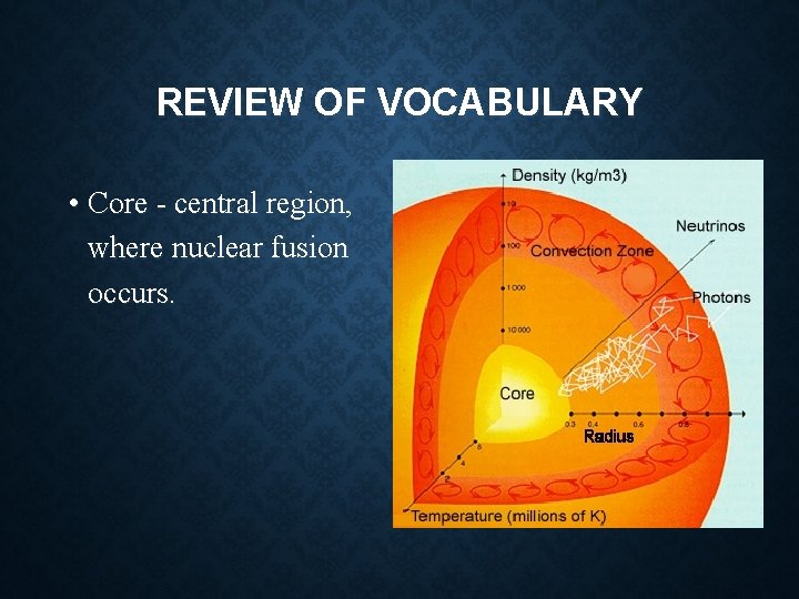 REVIEW OF VOCABULARY • Core - central region, where nuclear fusion occurs. REVIEW OF VOCABULARY • Core - central region, where nuclear fusion occurs.