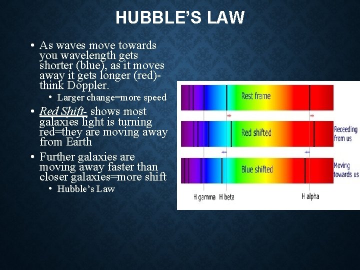 HUBBLE’S LAW • As waves move towards you wavelength gets shorter (blue), as it HUBBLE’S LAW • As waves move towards you wavelength gets shorter (blue), as it