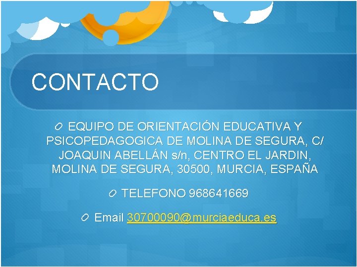 CONTACTO EQUIPO DE ORIENTACIÓN EDUCATIVA Y PSICOPEDAGOGICA DE MOLINA DE SEGURA, C/ JOAQUIN ABELLÁN