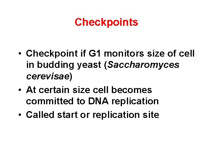 Checkpoints • Checkpoint if G 1 monitors size of cell in budding yeast (Saccharomyces