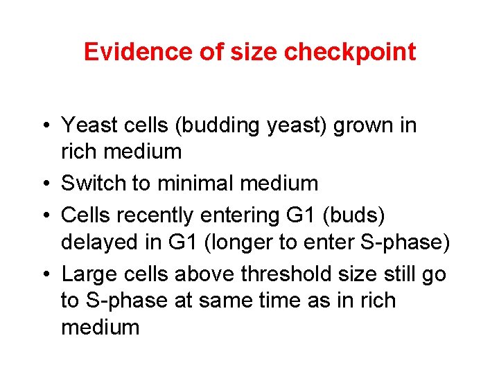 Evidence of size checkpoint • Yeast cells (budding yeast) grown in rich medium •