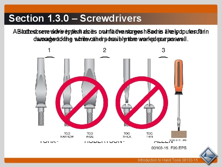 Section 1. 3. 0 – Screwdrivers A slotted screwdriver that does not fit the