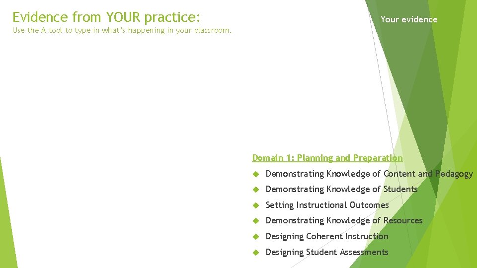 Evidence from YOUR practice: Your evidence Use the A tool to type in what’s