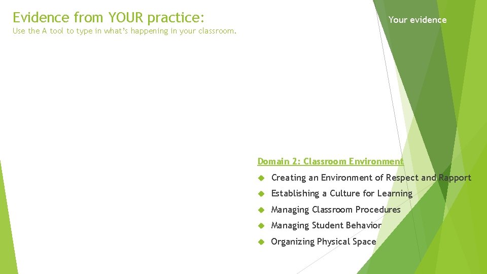 Evidence from YOUR practice: Your evidence Use the A tool to type in what’s