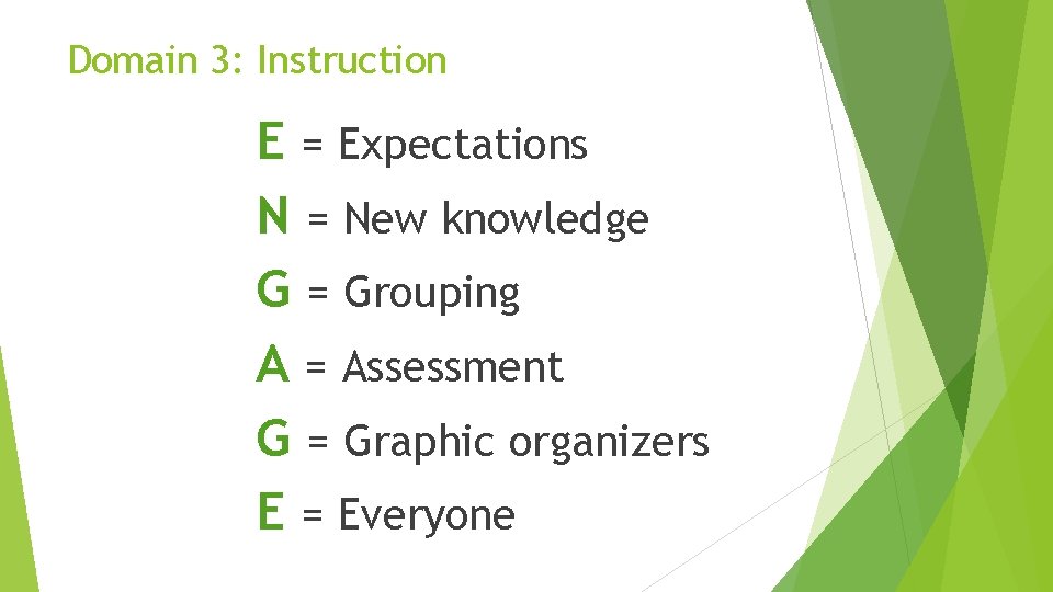 Domain 3: Instruction E = Expectations N = New knowledge G = Grouping A