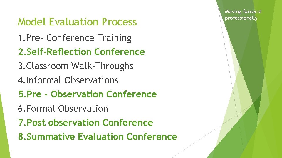 Model Evaluation Process 1. Pre- Conference Training 2. Self-Reflection Conference 3. Classroom Walk-Throughs 4.