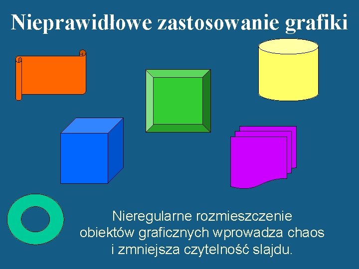 Nieprawidłowe zastosowanie grafiki Nieregularne rozmieszczenie obiektów graficznych wprowadza chaos i zmniejsza czytelność slajdu. 