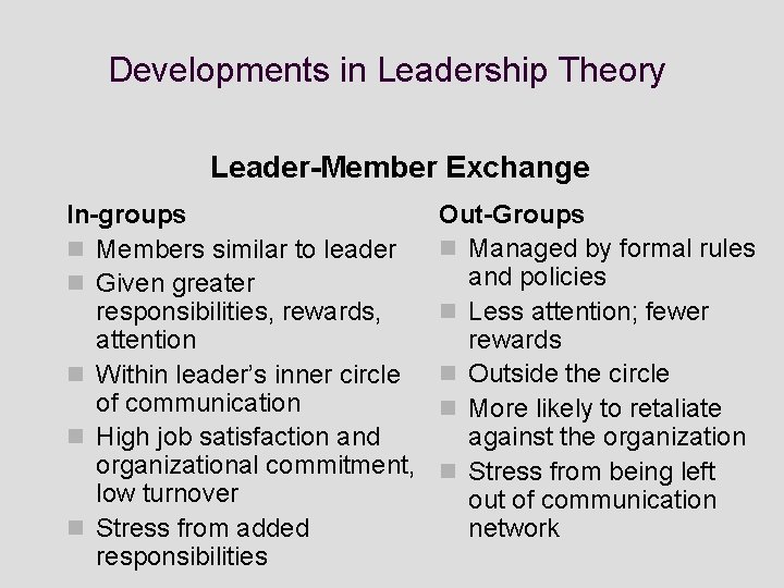 Developments in Leadership Theory Leader-Member Exchange In-groups n Members similar to leader n Given
