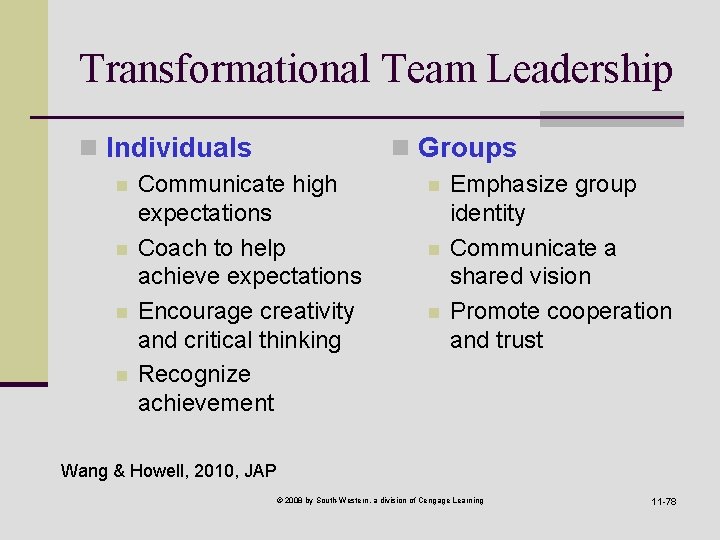 Transformational Team Leadership n Individuals n n n Groups Communicate high expectations Coach to