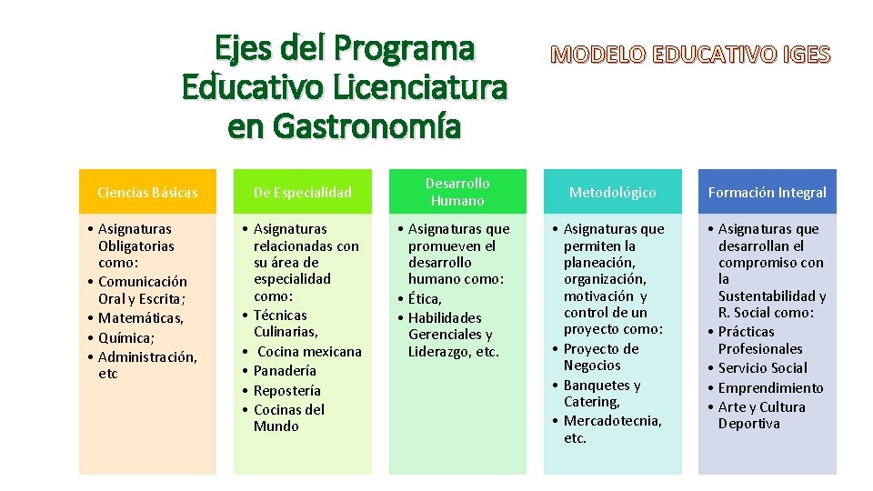 Ejes del Programa Educativo Licenciatura en Gastronomía Ciencias Básicas • Asignaturas Obligatorias como: •