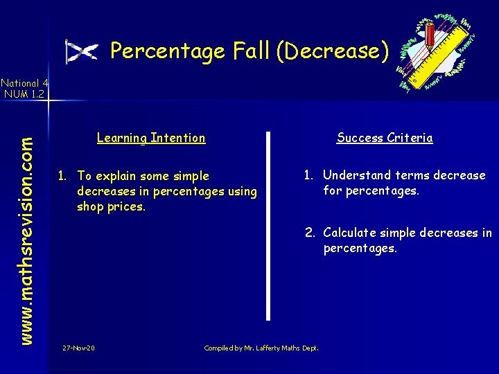 Percentage Fall (Decrease) www. mathsrevision. com National 4 NUM 1. 2 Learning Intention 1.