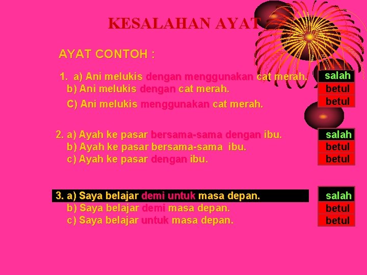 KESALAHAN AYAT CONTOH : 1. a) Ani melukis dengan menggunakan cat merah. b) Ani