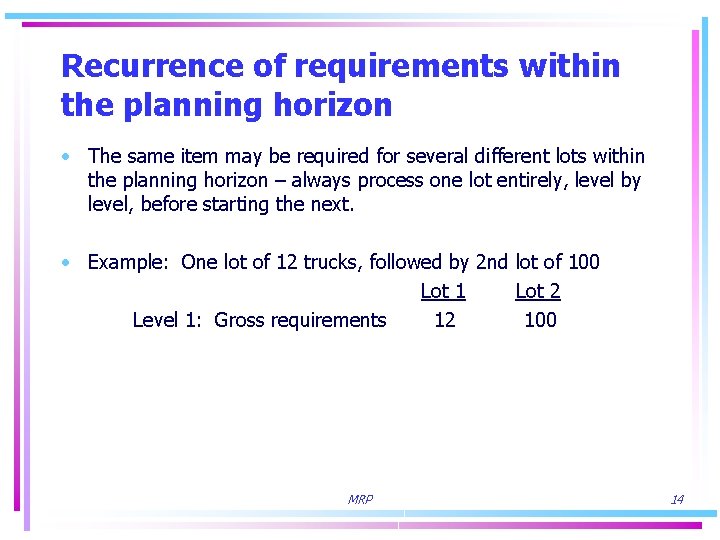 Recurrence of requirements within the planning horizon • The same item may be required