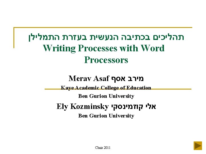  תהליכים בכתיבה הנעשית בעזרת התמלילן Writing Processes with Word Processors Merav Asaf מירב