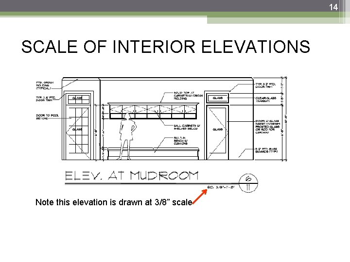 14 SCALE OF INTERIOR ELEVATIONS Note this elevation is drawn at 3/8” scale 