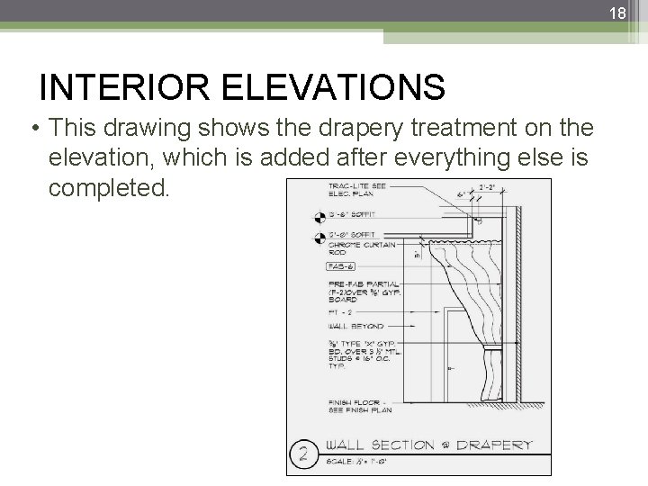18 INTERIOR ELEVATIONS • This drawing shows the drapery treatment on the elevation, which
