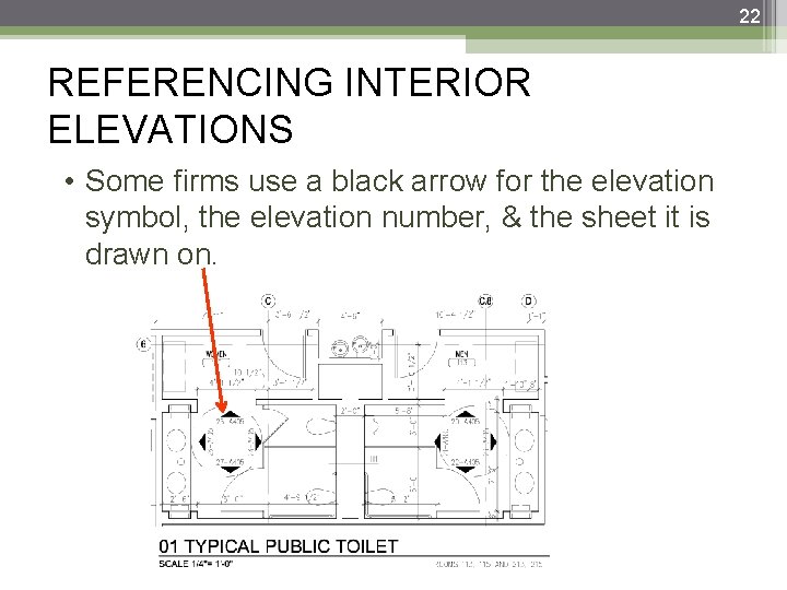 22 REFERENCING INTERIOR ELEVATIONS • Some firms use a black arrow for the elevation