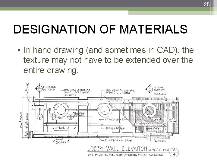 25 DESIGNATION OF MATERIALS • In hand drawing (and sometimes in CAD), the texture