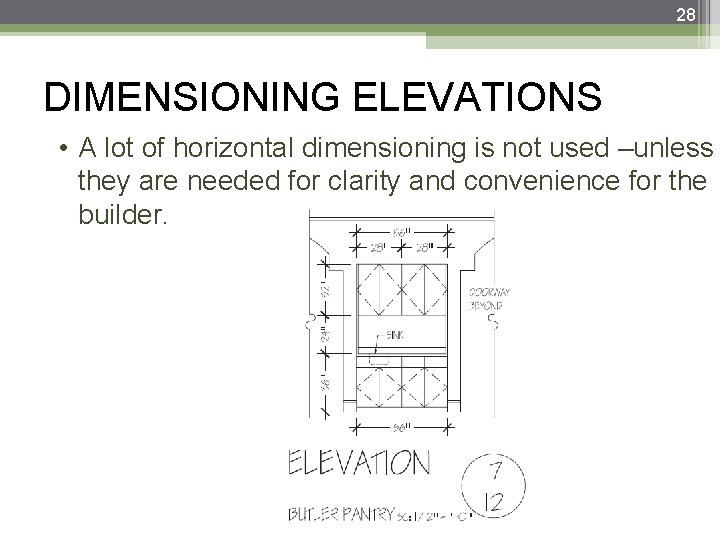 28 DIMENSIONING ELEVATIONS • A lot of horizontal dimensioning is not used –unless they