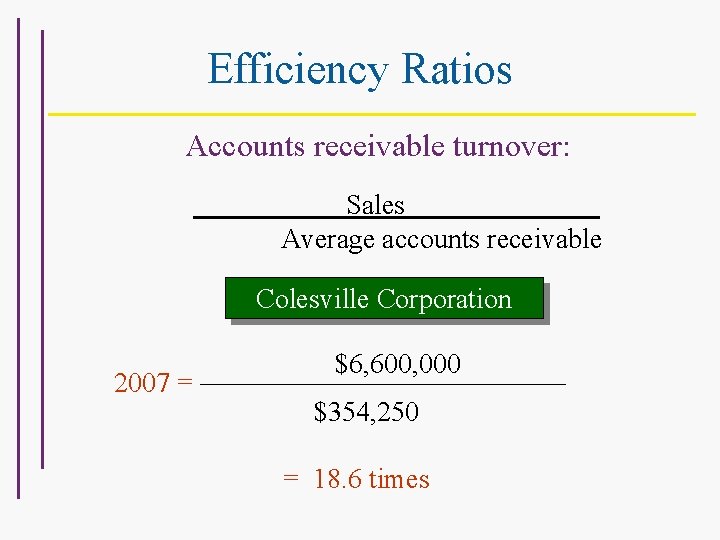 Efficiency Ratios Accounts receivable turnover: Sales Average accounts receivable Colesville Corporation 2007 = $6,