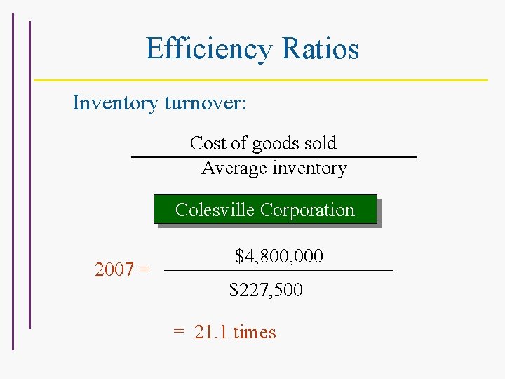 Efficiency Ratios Inventory turnover: Cost of goods sold Average inventory For Colesville Corporation 2007