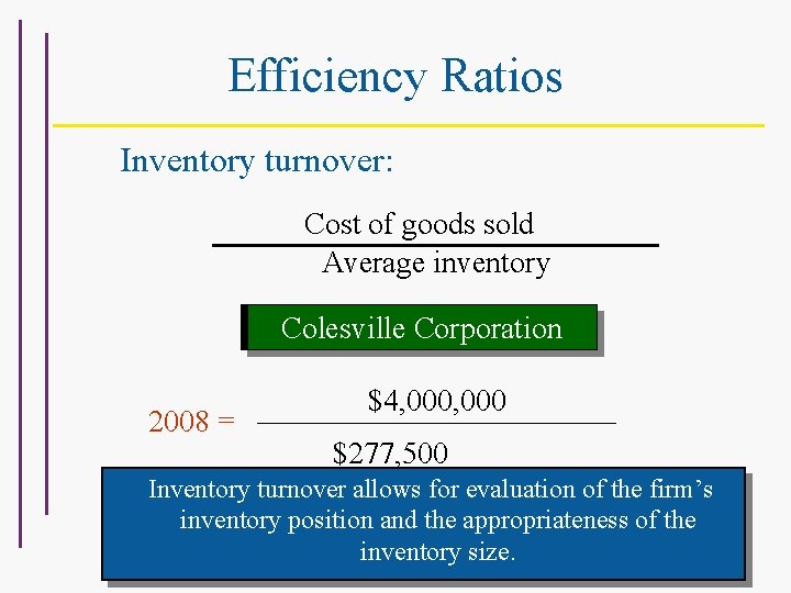 Efficiency Ratios Inventory turnover: Cost of goods sold Average inventory For. Colesville. Corporation 2008