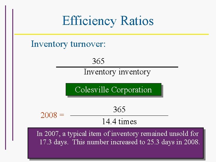 Efficiency Ratios Inventory turnover: 365 Inventory inventory For Colesville Corporation 2008 = 365 14.