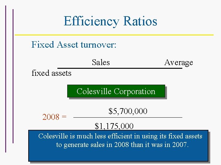 Efficiency Ratios Fixed Asset turnover: Sales Average fixed assets For Colesville Corporation 2008 =