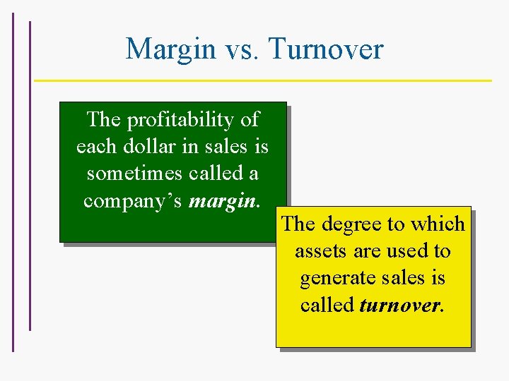 Margin vs. Turnover The profitability of each dollar in sales is sometimes called a