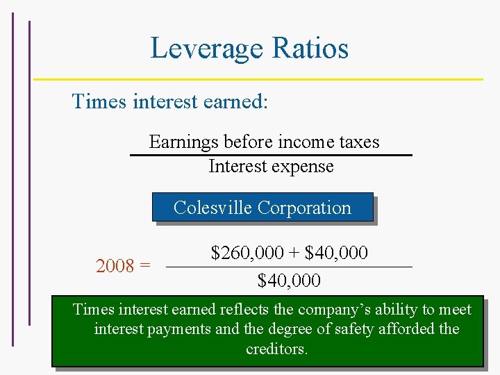 Leverage Ratios Times interest earned: Earnings before income taxes Interest expense For Colesville Corporation