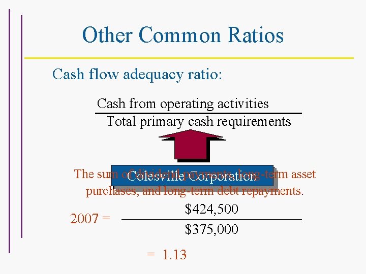 Other Common Ratios Cash flow adequacy ratio: Cash from operating activities Total primary cash