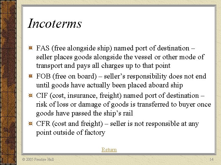 Incoterms FAS (free alongside ship) named port of destination – seller places goods alongside