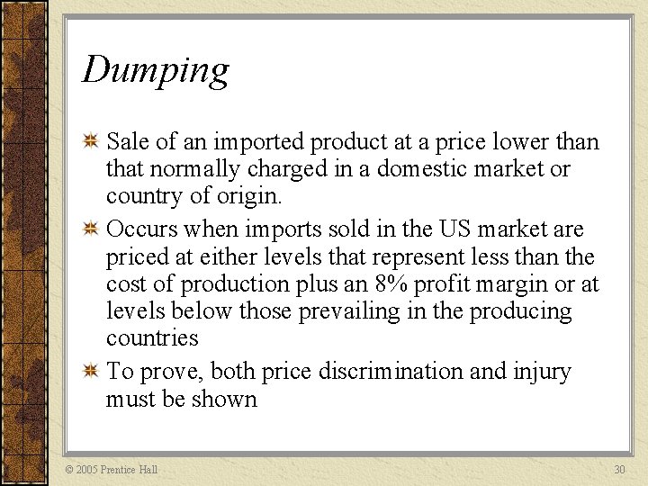 Dumping Sale of an imported product at a price lower than that normally charged