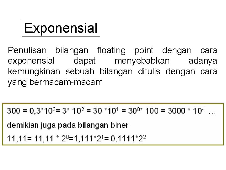 Exponensial Penulisan bilangan floating point dengan cara exponensial dapat menyebabkan adanya kemungkinan sebuah bilangan